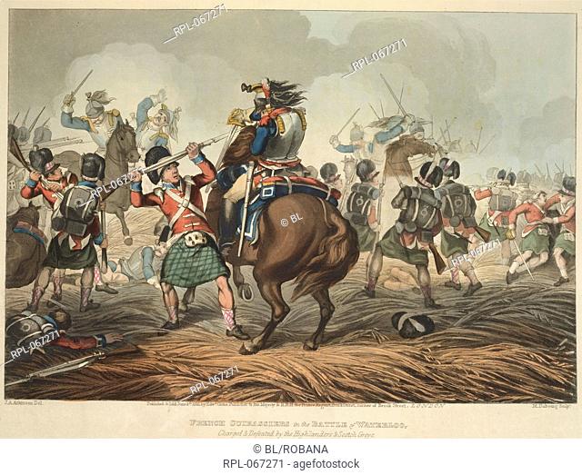 French cuirassiers fighting Scottish infantry at the Battle of Waterloo. Image taken from Historic, Military, and Naval Anecdotes of particular incidents which...