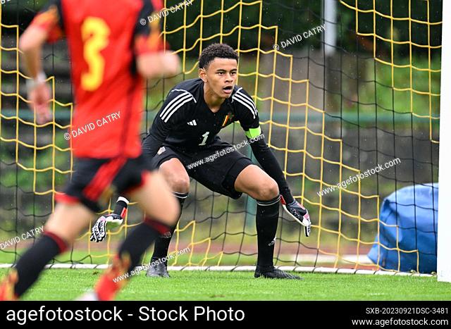 goalkeeper Lucca Kiaba Mounganga (1) of Belgium pictured during a friendly soccer game between the national under 16 teams of Belgium and Denmark on Thursday 21...