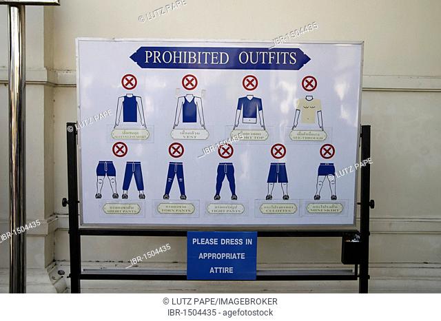 Sign displaying the prohibited items of clothing for visitors to the Grand Palace, Grand Palace, Bangkok, Thailand, Asia