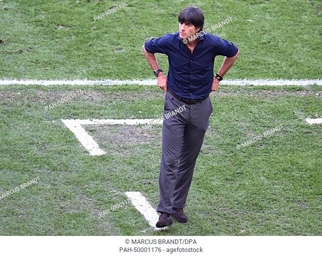 Head coach Joachim Loew of Germany reacts during the FIFA World Cup 2014 quarter final soccer match between France and Germany at Estadio do Maracana in Rio de...