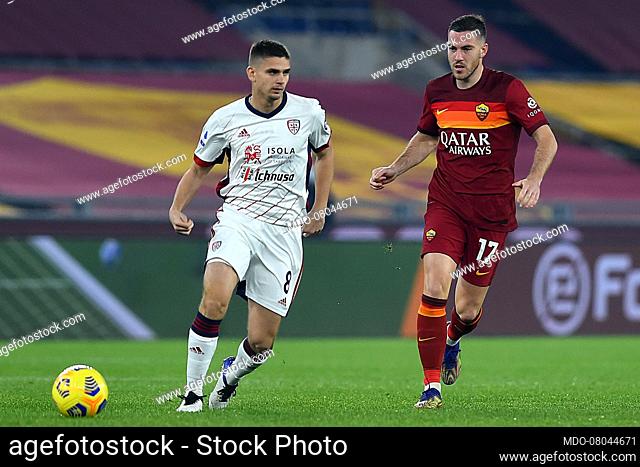 Roma footballer Pedro Rodriguez and Cagliari footballer R?zvan Marin during the match Roma-Cagliari in the Olimpic stadium