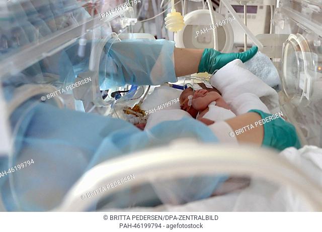A nurse cares for a premature newborn infant in an incubator at the neonatal intensive care unit of the university hospital Charite in Berlin, Germany