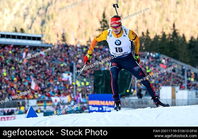 16 January 2020, Bavaria, Ruhpolding: Biathlon: World Cup, sprint 10 km, men in the Chiemgau Arena. Benedikt Doll from Germany in action