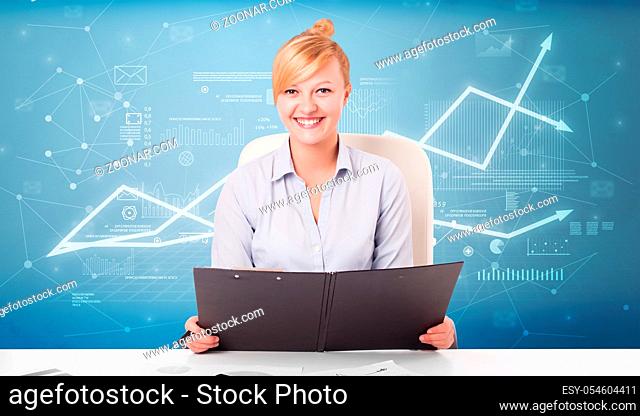 Business person sitting at desk with financial change, and report making concept