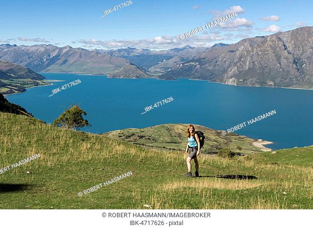 Female hiker at Isthmus Peak Track, Lake Hawea and mountain panorama, Otago, South Island, New Zealand