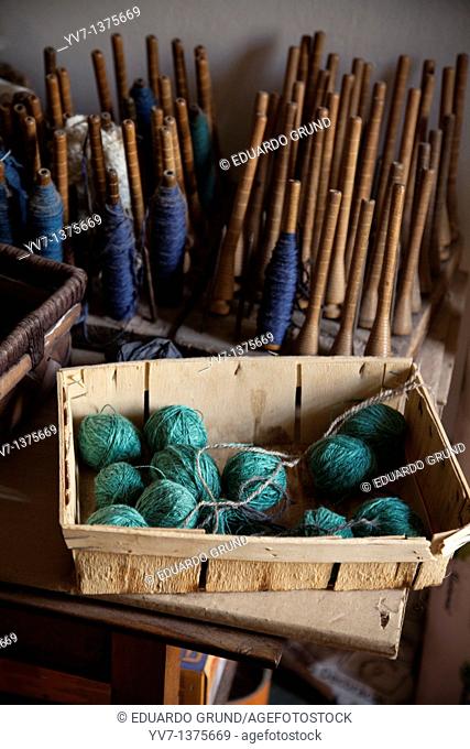 Useful and balls of wool on a loom of the Alpujarra Bubión Alpujarras, Granada, Andalusia, Spain