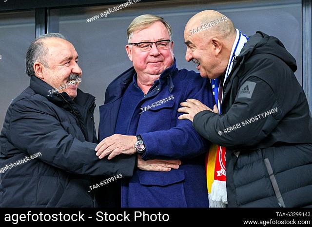 RUSSIA, MOSCOW - OCTOBER 12, 2023: Russian State Duma member Valery Gazzayev, Russian Book Union chairman Sergei Stepashin and a former coach of the Russian...
