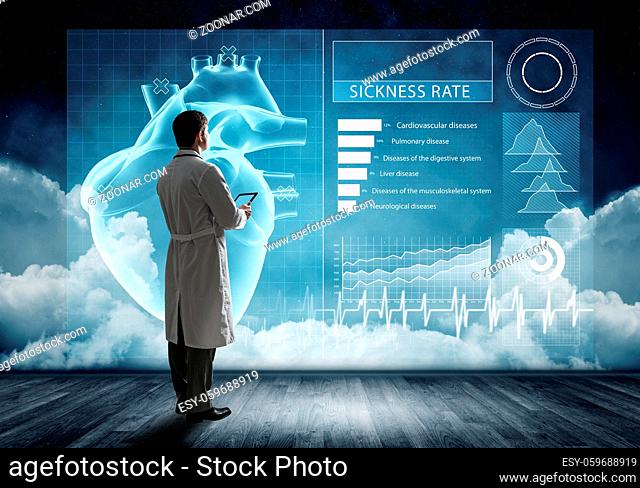 Doctor faces digital interface. With tablet. Digital concept in medicine