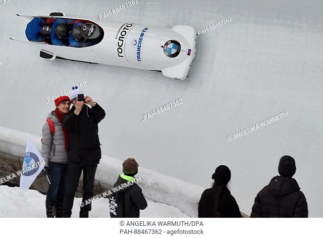 Alexander Kasjanov, Alexey Zaitsev, Vasiliy Kondratenko And Aleksei Pushkarevv from Russia in action during the 3rd run of the four-man bobsleigh race in...