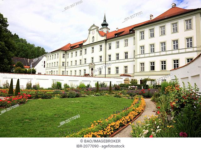 View of the prelate gardens, Kloster Schaeftlarn monastery, abbey of St. Denis and Juliana, Benedictine Abbey in Schaeftlarn, Munich district, Bavaria, Germany