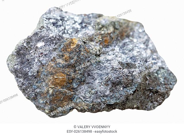 macro shooting of collection natural rock - galena mineral stone with chalcopyrite crystals isolated on white background