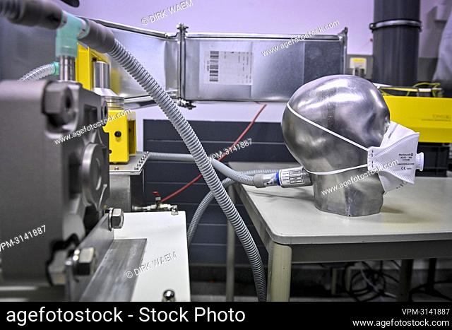 Illustration picture shows the testing of a mouth mask during a visit to the mouth mask testing facility at the VITO Flemish technological research center in...