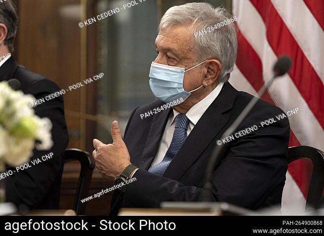 President López Obrador of Mexico speaks with US Vice President Kamala Harris during a bilateral meeting in the Vice Presidents Ceremonial Office in the...
