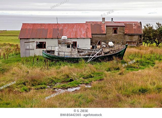 abandoned farm with boat, Iceland, Westfjorde