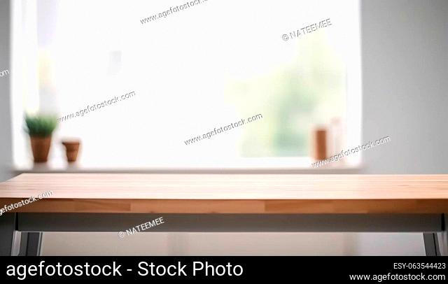 Empty wooden table with copy space in white living room with window. Generative AI