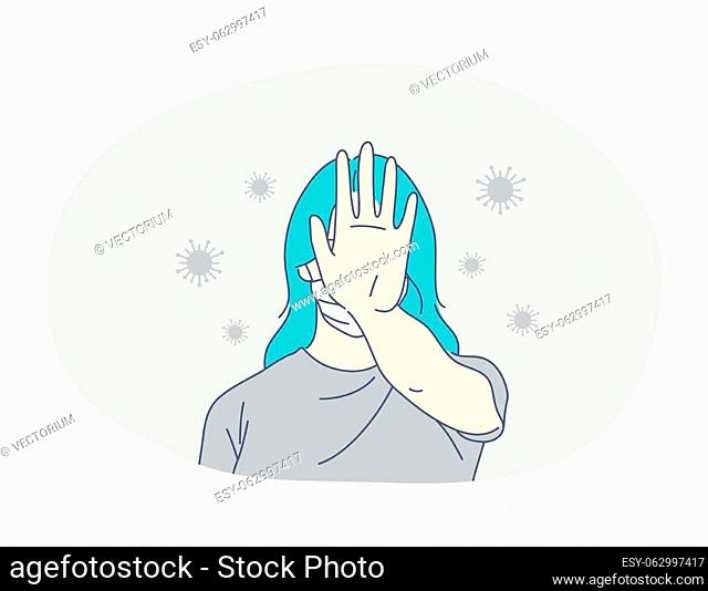 Danger or coronavirus infection epidemic, protective facial mask, pandemic concept. Young woman with blue hair in medical mask standing and showing protest sign...