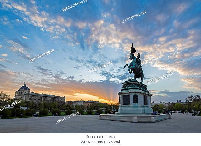 Austria, Vienna, Equestrian statue of Archduke Charles at Heldenplatz in the evening