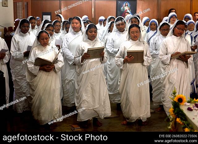 August 26, 2022, Kolkata, India: Catholic nuns from the Missionaries of Charity, the global order of nuns founded by Saint Mother Teresa offering prayers to...