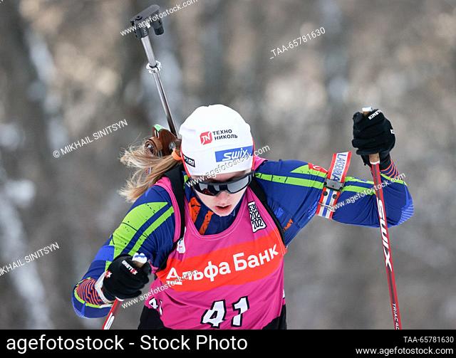 RUSSIA, UFA - DECEMBER 15, 2023: Russia's Karina Tameneva competes in the ladies' sprint in Stage 2 of the 2023/2024 Commonwealth Biathlon Cup at Biatlon sports...