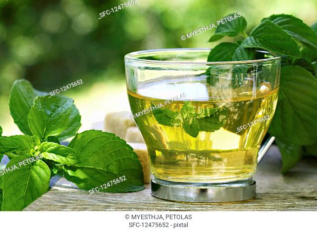 Peppermint tea in a glass cup on a table outside