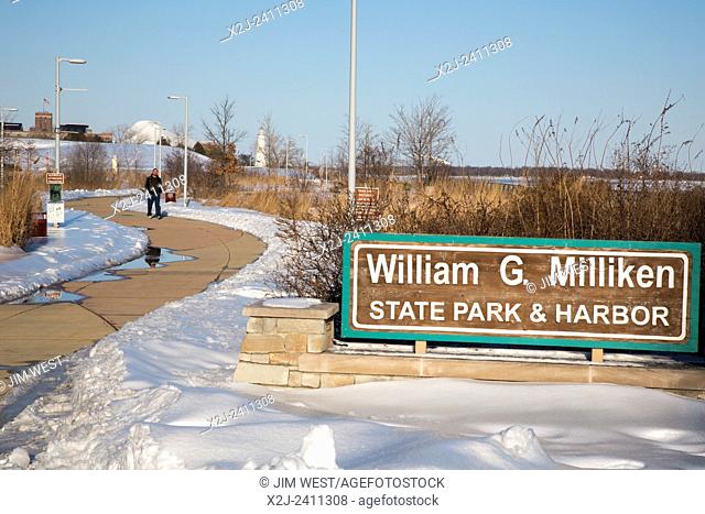 Detroit, Michigan - William G. Milliken State Park in winter. The park is downtown, along the Detroit River