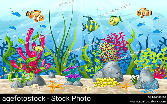 Illustration of underwater landscape with plant and fish