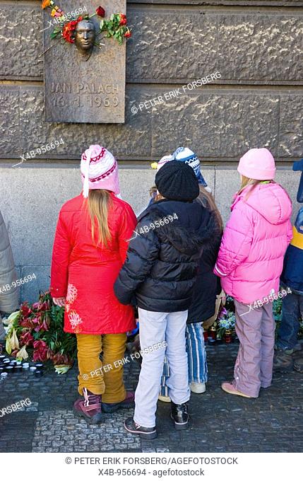 Wreaths and flowers at Jan Palach memorial at nam Jana Palacha to mark 40th anniversary of him burning himself alive in 1969 in Prague Czech Republic Europe