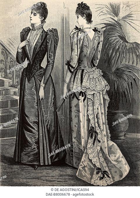 Women wearing a bengaline dress and a dinner dress (back), engraving from La Mode Illustree, n 3, January 18, 1891, Paris