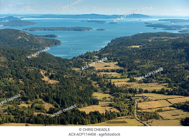 Mountain top views towards Fulford Harbour, from Mt Maxwell. Salt Spring Island, British Columbia, Canada