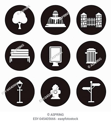 Outdoor, park elements icons set. White on a black background