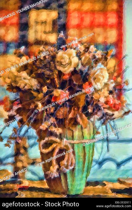 Original abstract oil painting titled Bouquet of roses in a vase. Modern Impressionism. Painting 2007 - by Younsi.