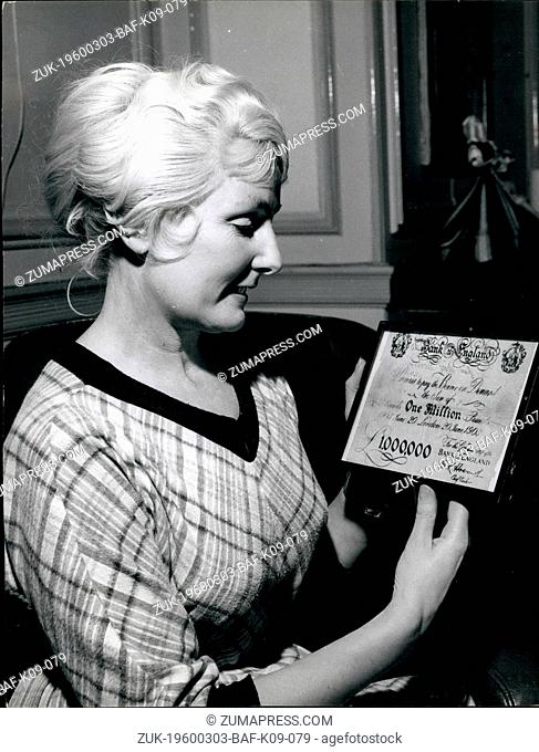Mar. 03, 1960 - Ex-model gets award of &pound;1, ,194.. 'Million pound note' mystifies the bank of England. Mrs. Velia Roberts