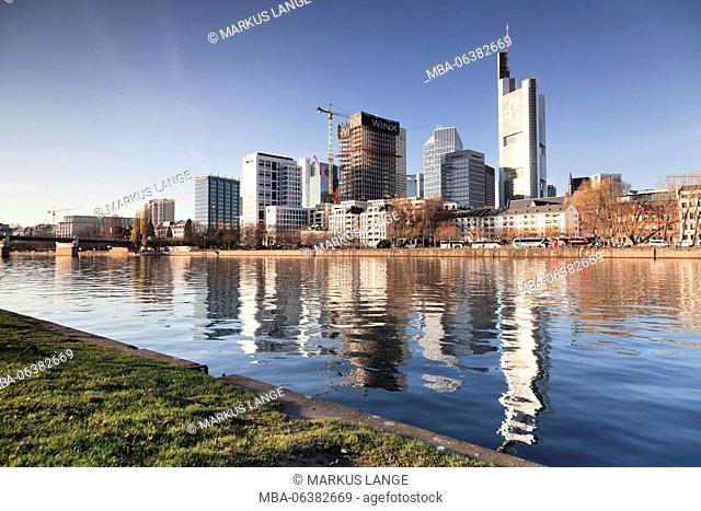 View over the Main (river) to the skyline of Frankfurt, Hessia, Germany