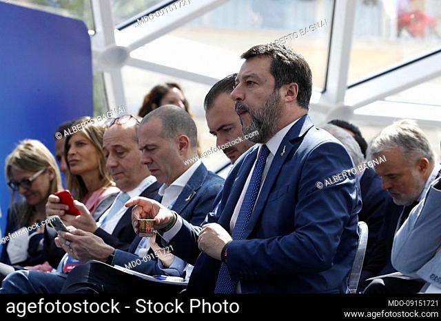 The exponents of the Lega Laura Ravetto, Alberto Bagnai, Massimiliano Romeo, Riccardo Molinari and Matteo Salvini attend at the programmatic conference of the...