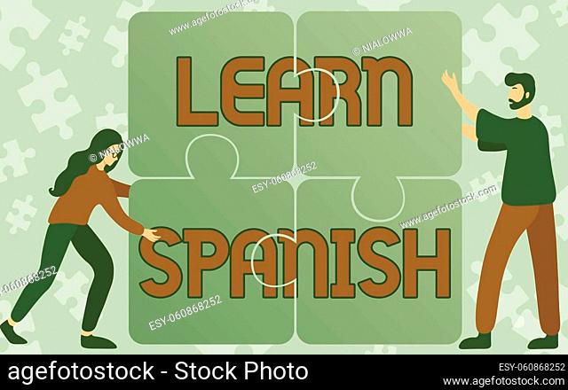 Handwriting text Learn Spanish, Business idea Translation Language in Spain Vocabulary Dialect Speech Colleagues Drawing Fitting Four Pieces Of Jigsaw Puzzle...