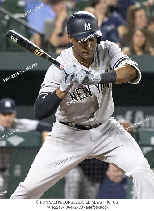 New York Yankees third baseman Miguel Andujar (41) bats in the eighth inning against the Baltimore Orioles at Oriole Park at Camden Yards in Baltimore