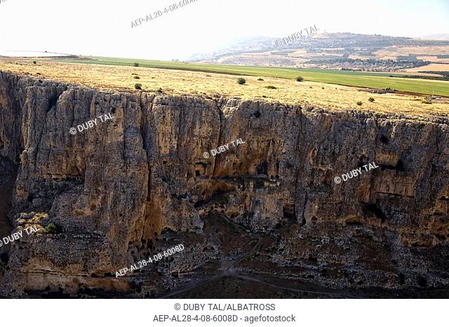 Aerial photograph of the Arbel cliff in the sea of Galilee