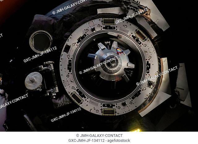 This close-up view shows the docking mechanism of the Soyuz TMA-08M spacecraft as it departs from the International Space Station's Poisk Mini-Research Module 2...