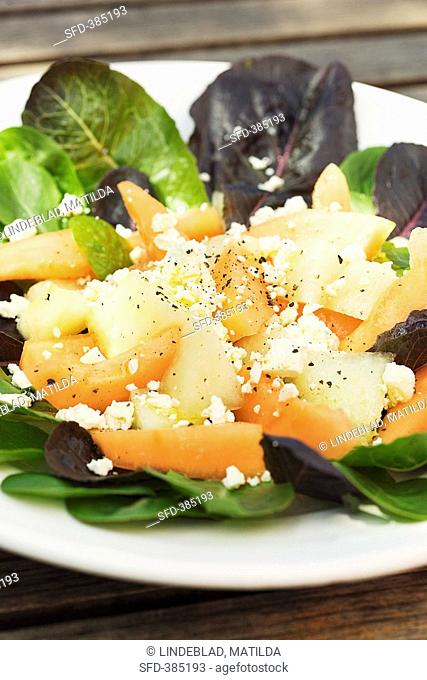 Salad leaves with melon and feta