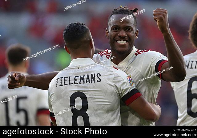 Belgium's Youri Tielemans celebrates after scoring during a soccer game between Wales and Belgian national team the Red Devils, Saturday 11 June 2022 in Cardiff