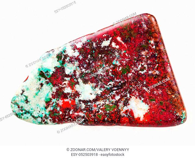 macro shooting of natural mineral rock specimen - tumbled red Cuprite and green Chrysocolla gemstone on white marble background from Milpillas mine, Mexico