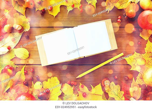 nature, season, inspiration and memories concept - close up of empty note book or album with pencil in frame of autumn leaves