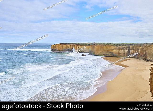 Landscape of the opposite coast of London Bridge (Port Campbell) next to the Great Ocean Road in spring, Victoria, Australia