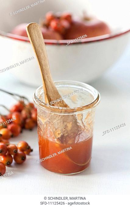 A jar of rosehip and apple jam