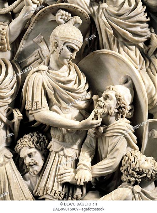 Roman civilization, 3rd century A.D. Grande Ludovisi sarcophagus, front marble relief depicting a battle between Romans and Ostrogoths, 260 circa