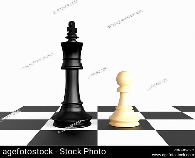 Confrontation of chess pieces king and pawn, isolated on white background