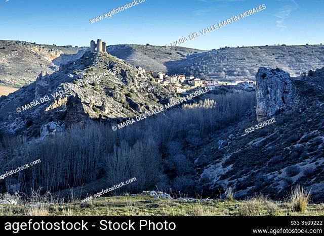 The Castle and Pelegrina village from The Gorge of Sweet river. Guadalajara. Spain. Europe