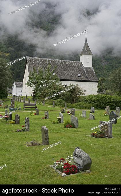 Church in the town of Eidfjord on Hardangerfjord near Bergen in Norway