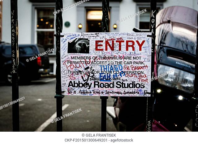 Abbey Road Studios sign on the recording studio's fence on November 25, 2013. In the Abbey Road Studios music band such The Beatles
