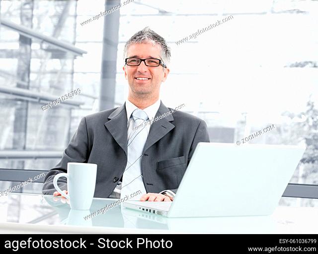 Businessman sitting at desk in corporate office, working with laptop computer. Looking at camera, smiling